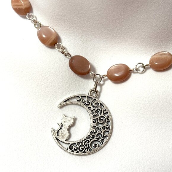 Peach Moonstone Adjustable Choker, Cat on the Moon Pendant + Genuine Gemstone - Picture 1 of 15